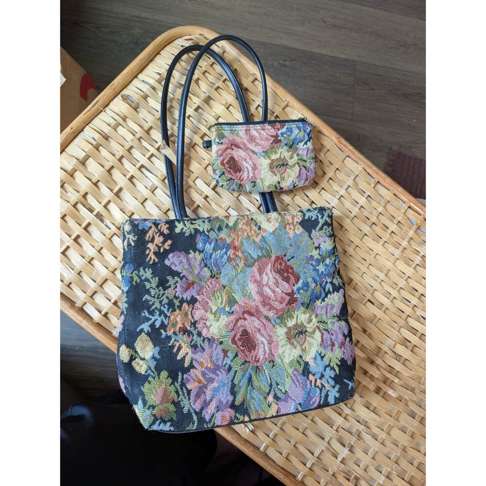 Vintage Floral Tapestry Tote Bag with Matching Coin Pouch